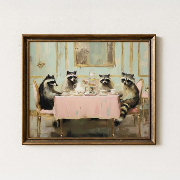 Obraz olejny „Szop pracz na herbatce”, fantazyjna sztuka ścienna do kuchni, plakat ze zwierzętami w stylu Cottagecore