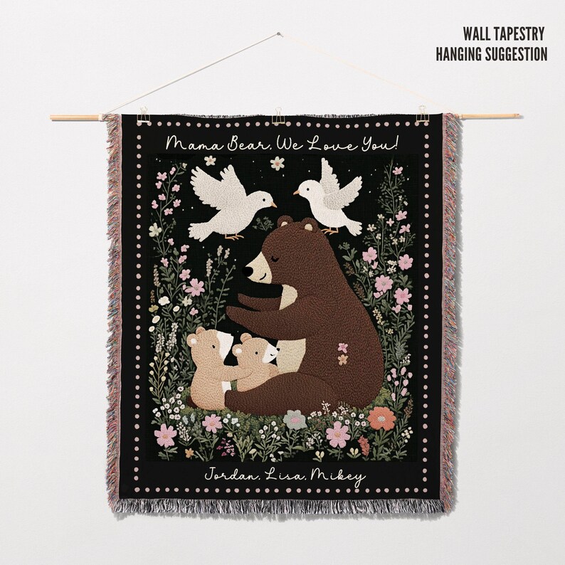 Custom Mom Blanket Gift, Christmas Present  From Kids, Mama BearWoven Throw, Custom Message Woodland Tapestry, Personalized Picnic Blanket