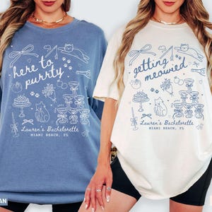 Cat Bachelorette Shirt, Custom Getting Meowied Funny Cat Themed Bach Party Favors, Here to Purrty Coquette Bow Bridesmaid Gifts