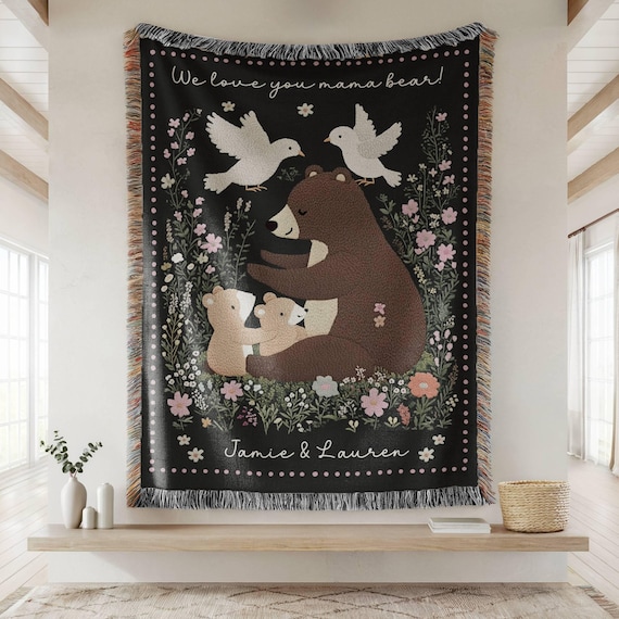 Gift For Mom Custom Blanket, Personalized Text Christmas Present From Kids, Mama Bear Cottagecore Woven Throw, Woodland Forest Tapestry