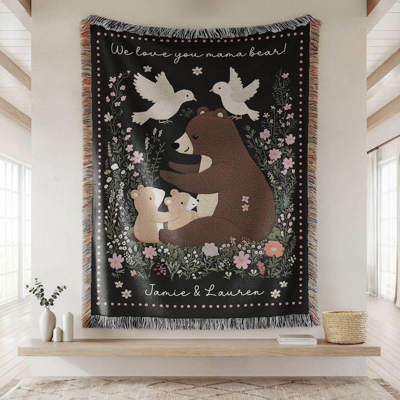 Gift For Mom Custom Blanket, Personalized Text Christmas Present From Kids, Mama Bear Cottagecore Woven Throw, Woodland Forest Tapestry image 1