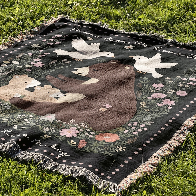 Custom Mom Blanket Gift, Christmas Present  From Kids, Mama BearWoven Throw, Custom Message Woodland Tapestry, Personalized Picnic Blanket