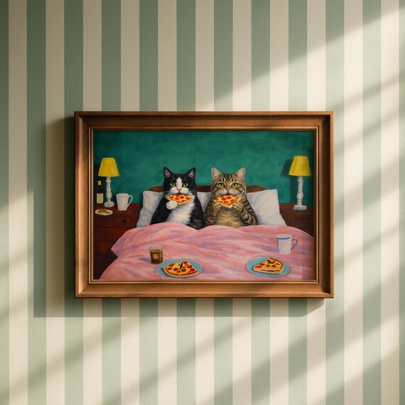 Cats Eating Pizza Wall Art Print Dopamine Decor, Maximalist Tuxedo Cat Poster, Anniversary Wall Art
