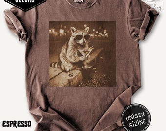 Retro Raccoon Drinking Martini Shirt, Comfort Colors® Funny Animal Meme Tee Dirty Martini Lover Tshirt, Unisex Graphic T Shirt