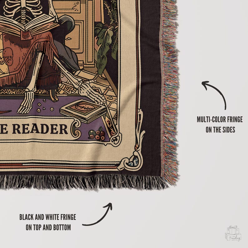Skeleton Reader Tarot Woven Blanket, Reading Nook Decor, Bibliophile Present, Bookish Gift Ideas, Book Lover Blanket, Woven Wall Hanging