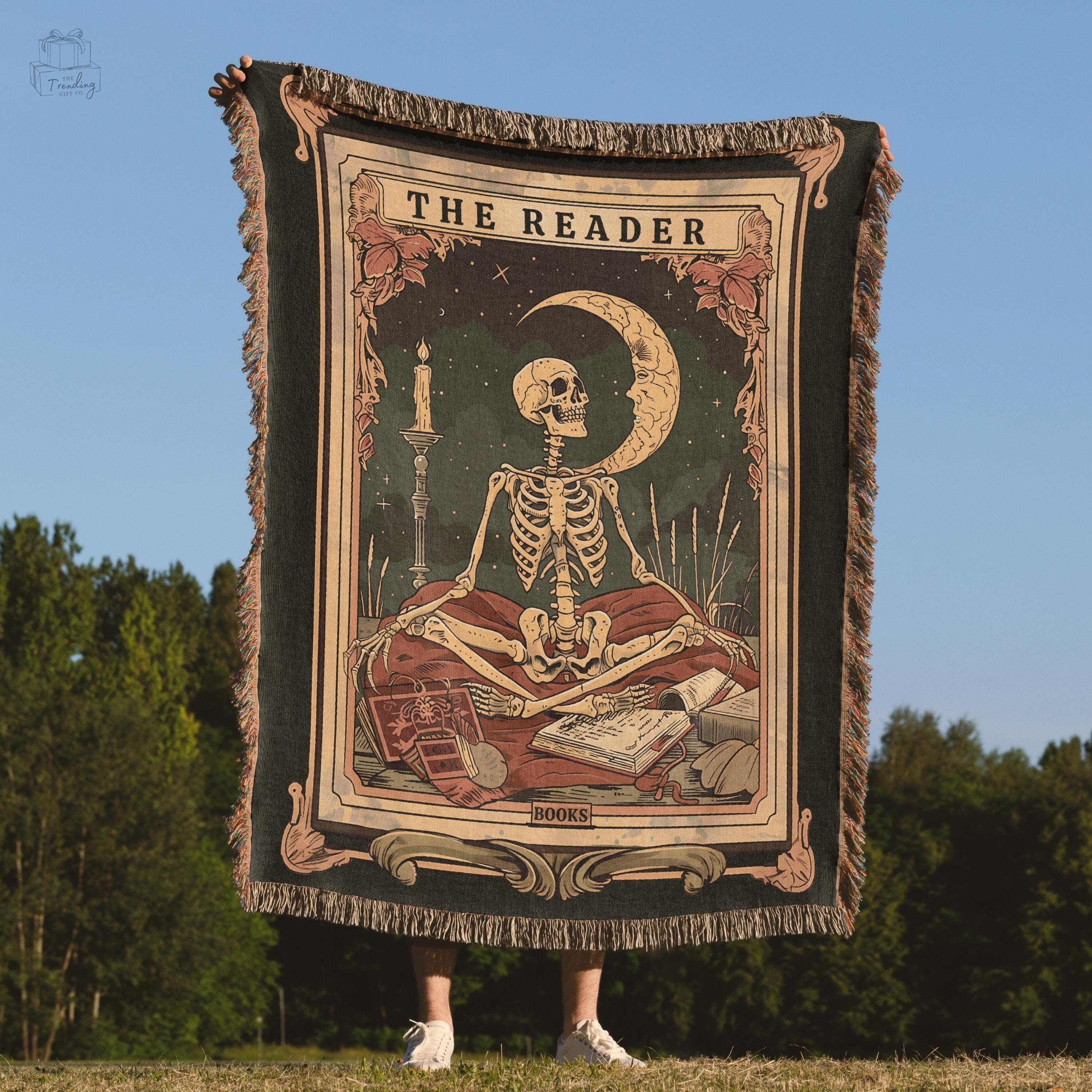 Skeleton Reader Tarot Woven Blanket, Reading Nook Decor, Bibliophile Present, Bookish Gift Ideas, Book Lover Blanket, Woven Wall Hanging