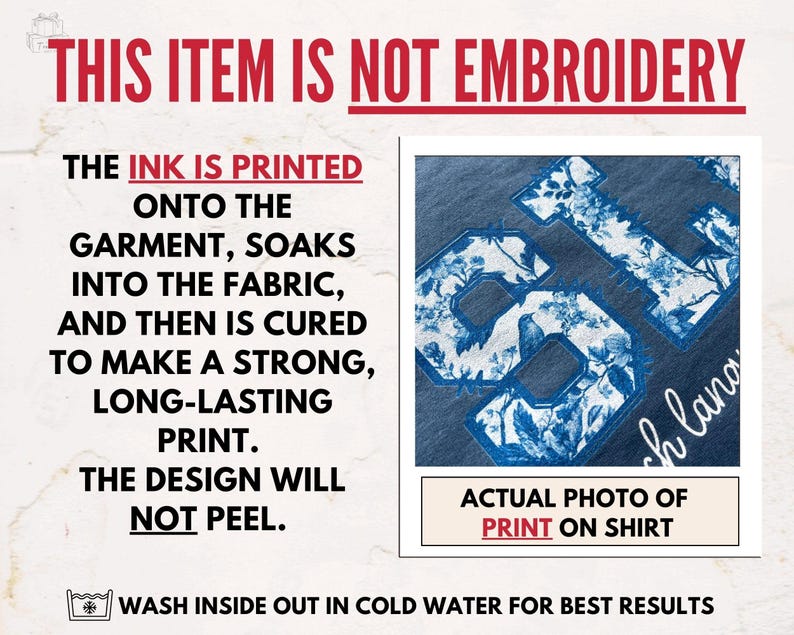 May include: A close-up of a blue t-shirt with a white floral print design. The text "This item is not embroidery" is at the top of the image. The text "Actual photo of print on shirt" is at the bottom of the image.
