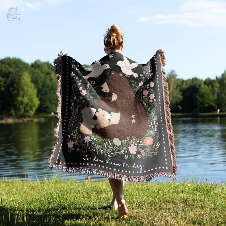 Custom Mom Blanket Gift, Christmas Present  From Kids, Mama BearWoven Throw, Custom Message Woodland Tapestry, Personalized Picnic Blanket