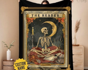 Manta personalizada con diseño de esqueleto para el tarot, decoración para rincón de lectura, regalo para bibliófilos y amantes de los libros, manta de forro polar sherpa, decoración de Halloween