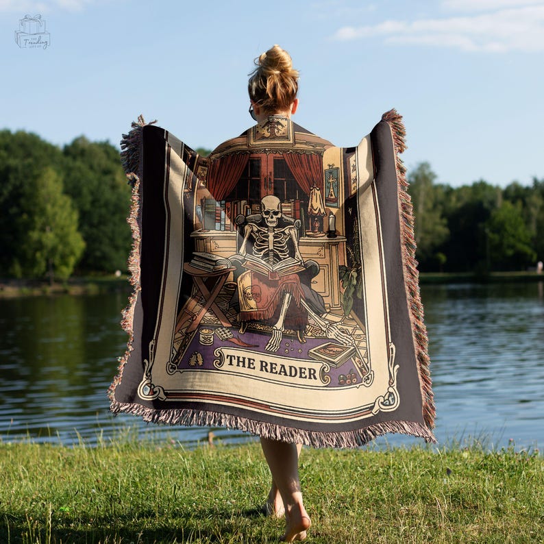 Skeleton Reader Tarot Woven Blanket, Reading Nook Decor, Bibliophile Present, Bookish Gift Ideas, Book Lover Blanket, Woven Wall Hanging
