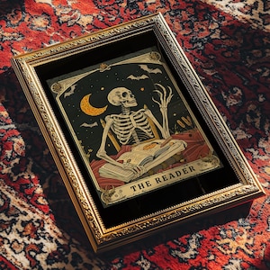 Leser Tarot Print, Skeleton Reader Tarot Karte Wand Kunst, Buch Liebhaber Geschenk, Witchy Leseecke Art, Bookish Witchy Bibliothek Decor