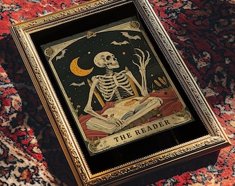 The Reader Tarot Print, Skeleton Reader Tarot Card Wall Art, Book Lover Gift, Witchy Reading Nook Art, Bookish Witchy Library Decor