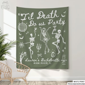 Til Death Do Us Party Bachelorette Banner, Personalized Gothic Skeleton Bride Photo Backdrop Tapestry,Funny Halloween Wedding Favors