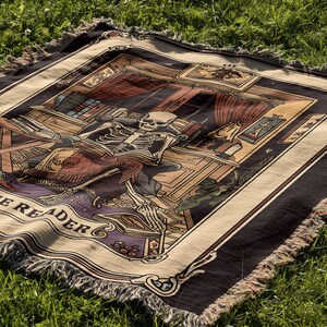 Skeleton Reader Tarot Woven Blanket, Reading Nook Decor, Bibliophile Present, Bookish Gift Ideas, Book Lover Blanket, Woven Wall Hanging