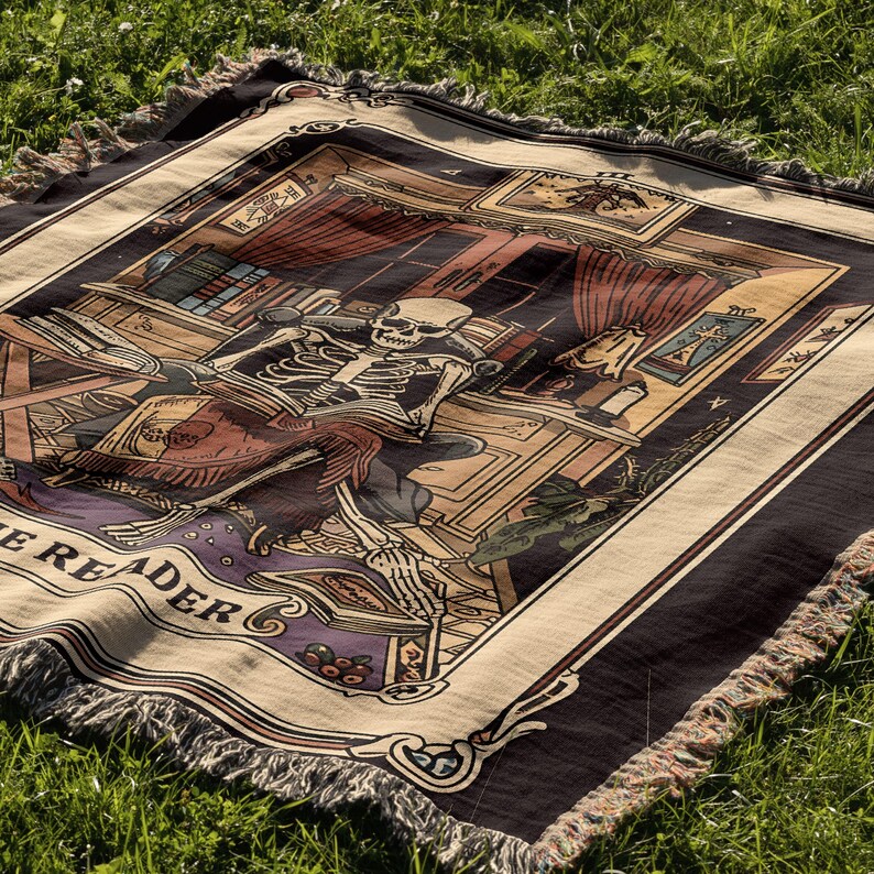 Skeleton Reader Tarot Woven Blanket, Reading Nook Decor, Bibliophile Present, Bookish Gift Ideas, Book Lover Blanket, Woven Wall Hanging
