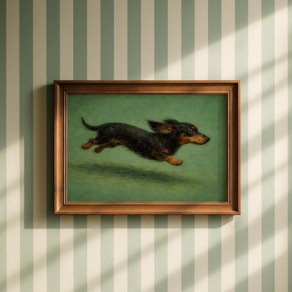 Dachshund with Zoomies Oil Painting Print, Rustic Pet Art, Weenie Wall Art
