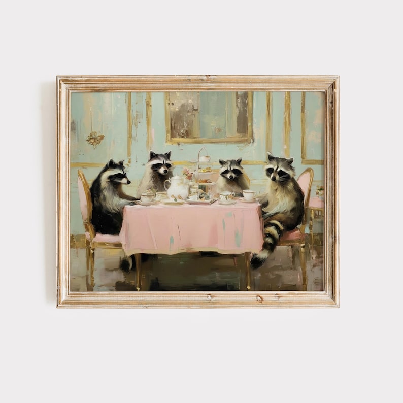 Raccoon Tea Party Oil Painting Print, Whimsical Kitchen Wall Art ...