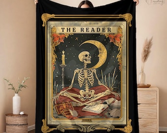 Manta de tarot con esqueleto, decoración para rincón de lectura, regalo para bibliófilos y amantes de los libros, manta de sherpa polar para amantes de los libros, decoración de Halloween