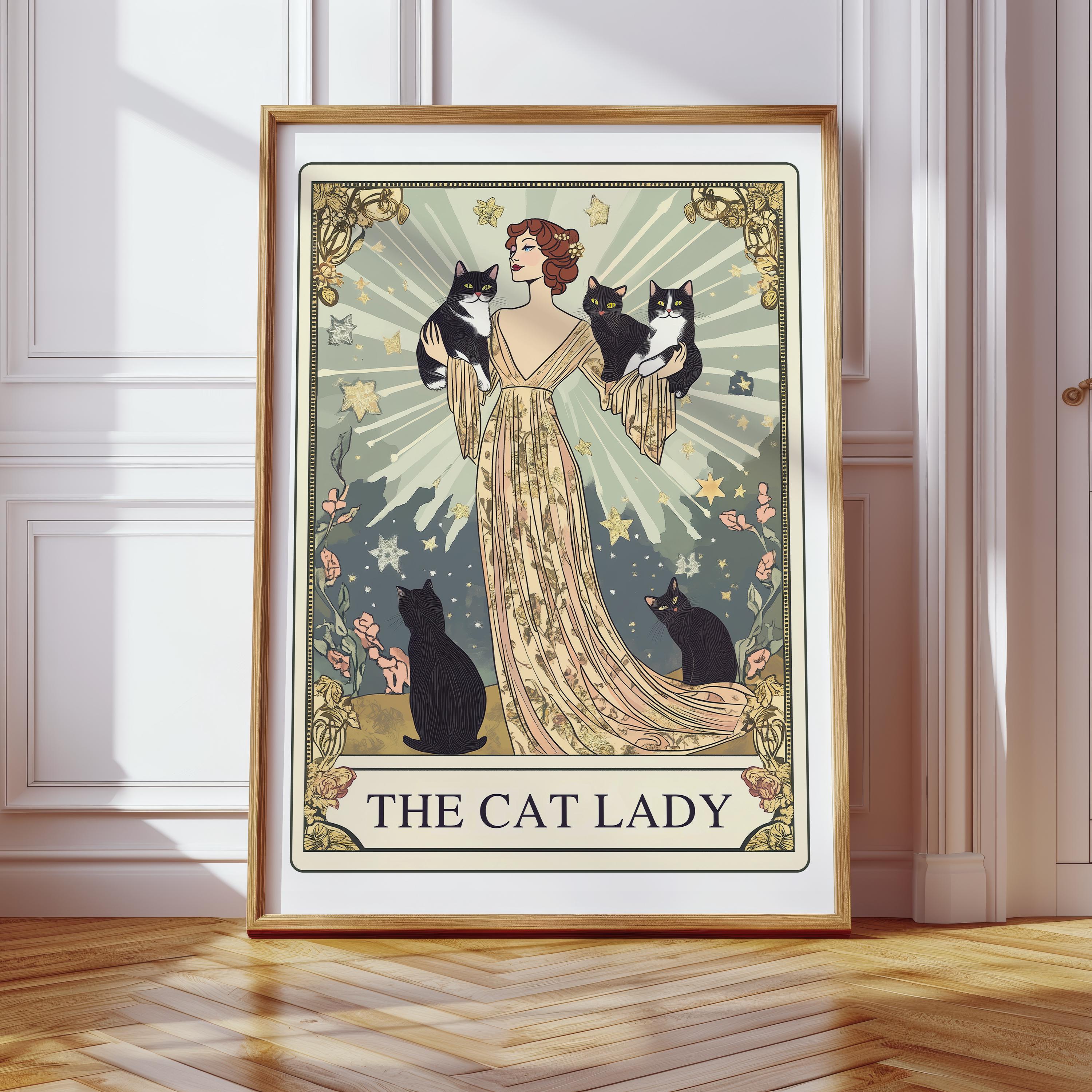 The Cat Lady Tarot Print, Art Nouveau Cat Lovers Wall Art, Vintage
