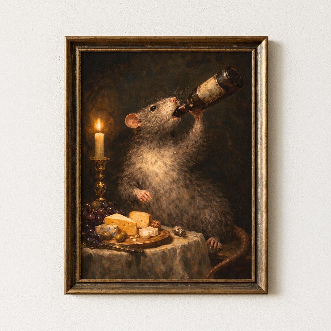 Rat With Cheese and Wine Oil Painting Print, Classic Renaissance Wall ...