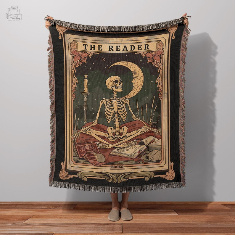 Skeleton Reader Tarot Woven Blanket, Reading Nook Decor, Bibliophile Present, Bookish Gift Ideas, Book Lover Blanket, Woven Wall Hanging
