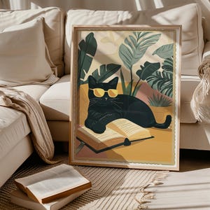 Retro Cat Reading Poster, Black Cat Reading Book, Cat Lover Gift,Funny Cat Print, Unique Cat Art, Cat Mom Gift, Vintage Wall Art,Kitty Print