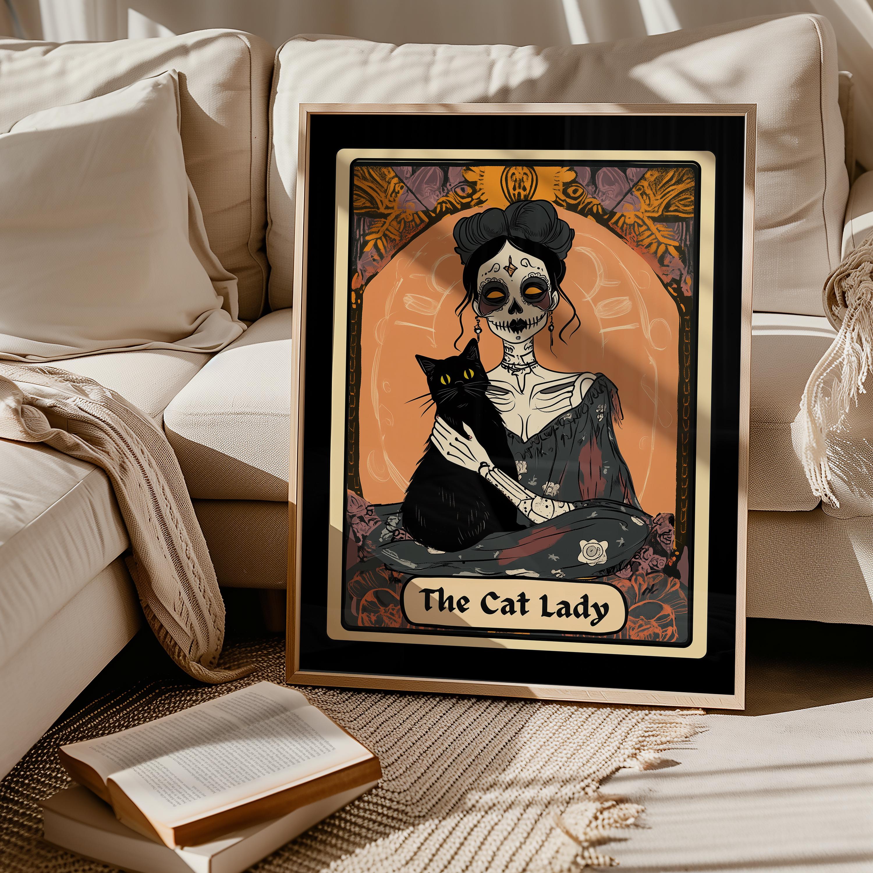 中居ベル　キャンバスプリント　「Cat Lady」 Cat Lady Tarot Print,witchy Cat Lovers Wall Art,vintage Cat Art