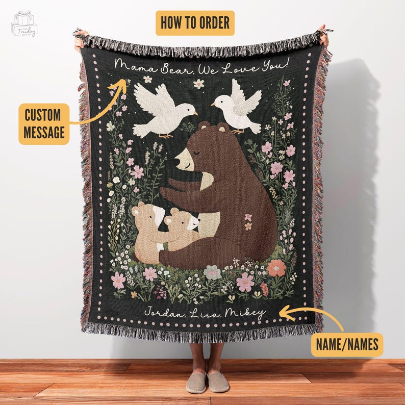 Custom Mom Blanket Gift, Christmas Present  From Kids, Mama BearWoven Throw, Custom Message Woodland Tapestry, Personalized Picnic Blanket