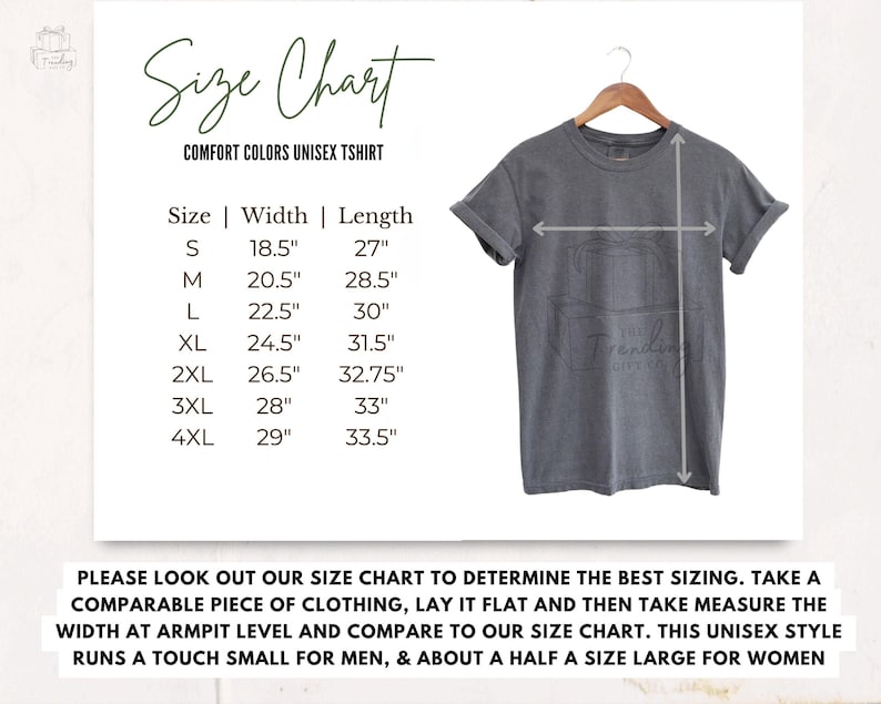 Puede incluir: Tabla de tallas para una camiseta unisex con medidas en pulgadas. La tabla muestra el ancho y la longitud de la camiseta en las tallas S, M, L, XL, 2XL, 3XL y 4XL. El texto "Comfort Colors Unisex T-shirt" est&aacute; en la parte superior de la tabla.