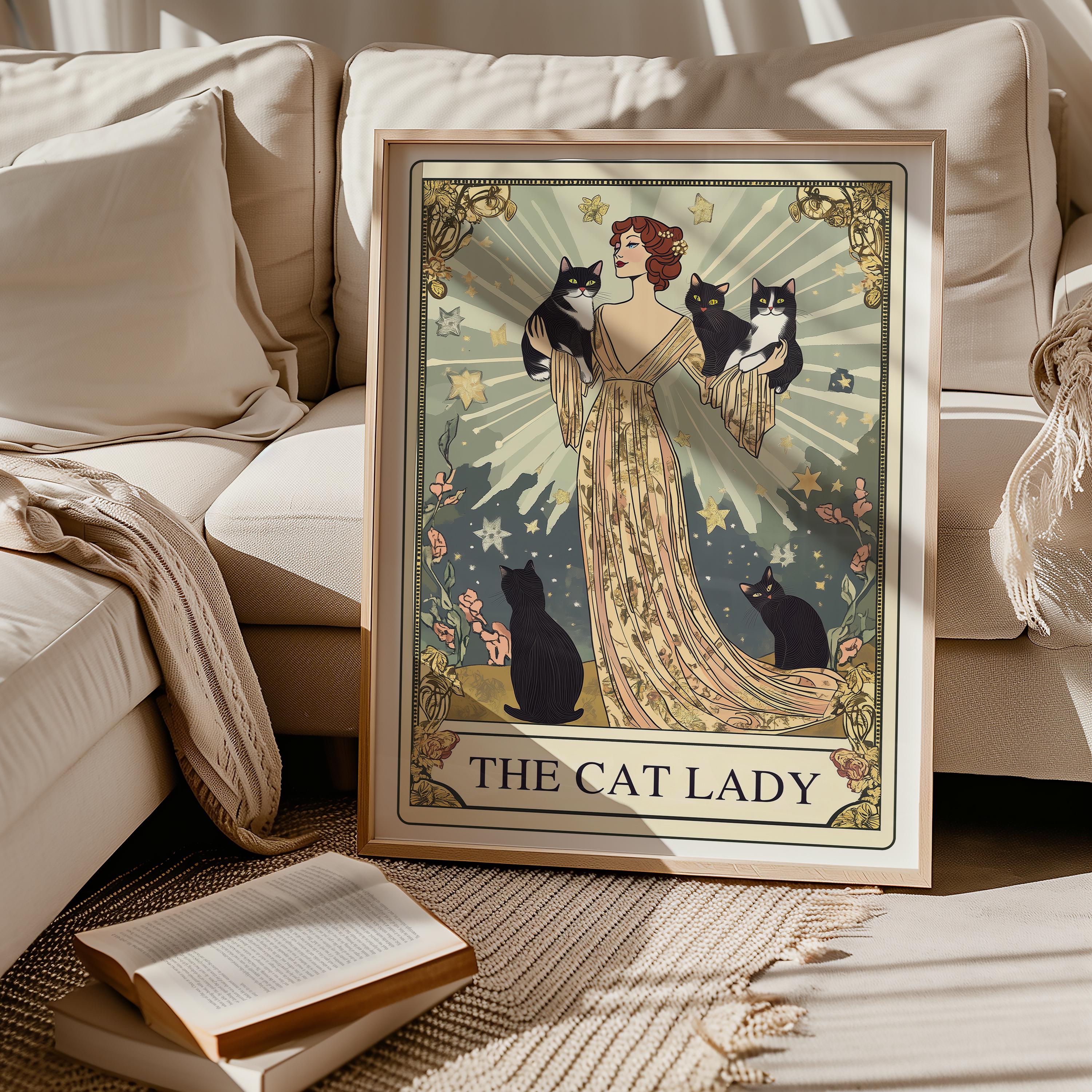 The Cat Lady Tarot Print, Art Nouveau Cat Lovers Wall Art, Vintage