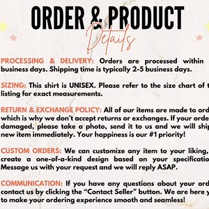 May include: Text on a white background with black text outlining the details of processing and delivery, sizing, return and exchange policy, custom orders, and communication. The text includes information about processing time, shipping time, sizing, returns, exchanges, custom orders, and communication.