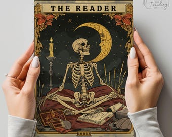 Diário de Leitura, Caderno de Cartas de Tarô do Leitor, Presente Literário para Amantes de Livros, Registro de Resenhas de Livros com Capa Dura e Formato de Esqueleto