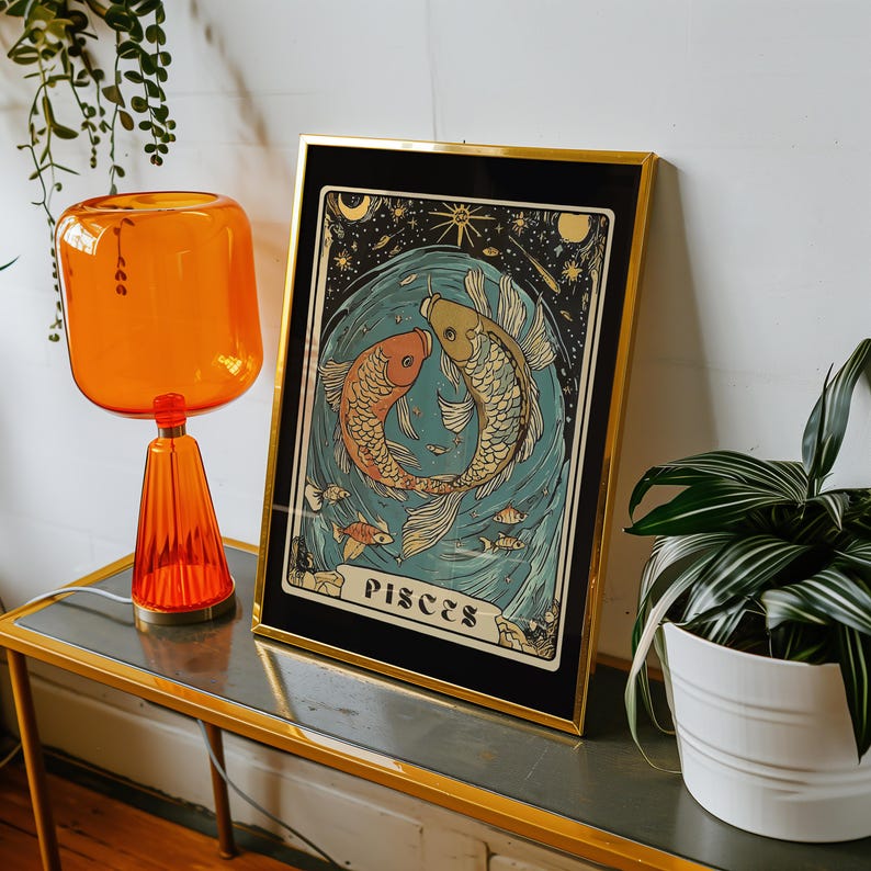 Pisces Zodiac Poster Art, Tarot Wall Art, Astrology Art Print, Vintage ...
