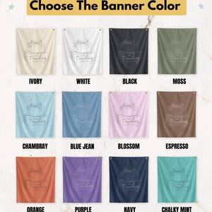 May include: A selection of banners in various colors, including ivory, white, black, moss, chambray, blue jean, blossom, espresso, orange, purple, navy, and chalky mint. Each banner features a gift box design and the text "The Trending Gift Co."