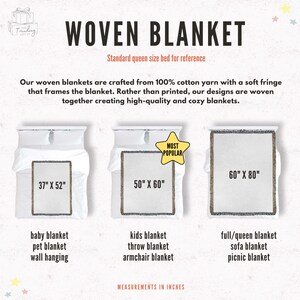 May include: Three woven blankets with fringe edges in different sizes: 37 inches by 52 inches, 50 inches by 60 inches, and 60 inches by 80 inches. The blankets are shown on a white background with text describing their uses and dimensions.