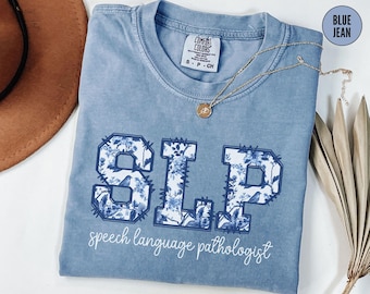 Florale Sprachtherapie Komfort Farben Shirt, Blau Toile De Jouy SLP T-Shirt, Sprachpathologie T-Shirt Therapeut Geschenk Sprachpathologie T-Shirt
