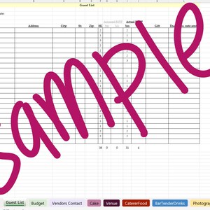 May include: A spreadsheet titled "Guest List" with columns for name, address, and other wedding-related details. A large, pink "SAMPLE" overlay obscures much of the data. The spreadsheet is open in a software program.