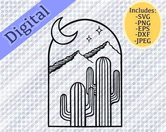 Desierto a la luz de la luna, SVG, png, eps, dxf, jpeg, Cactus, Desierto, Suroeste, luna, montañas, gráfico, cielo nocturno, verano