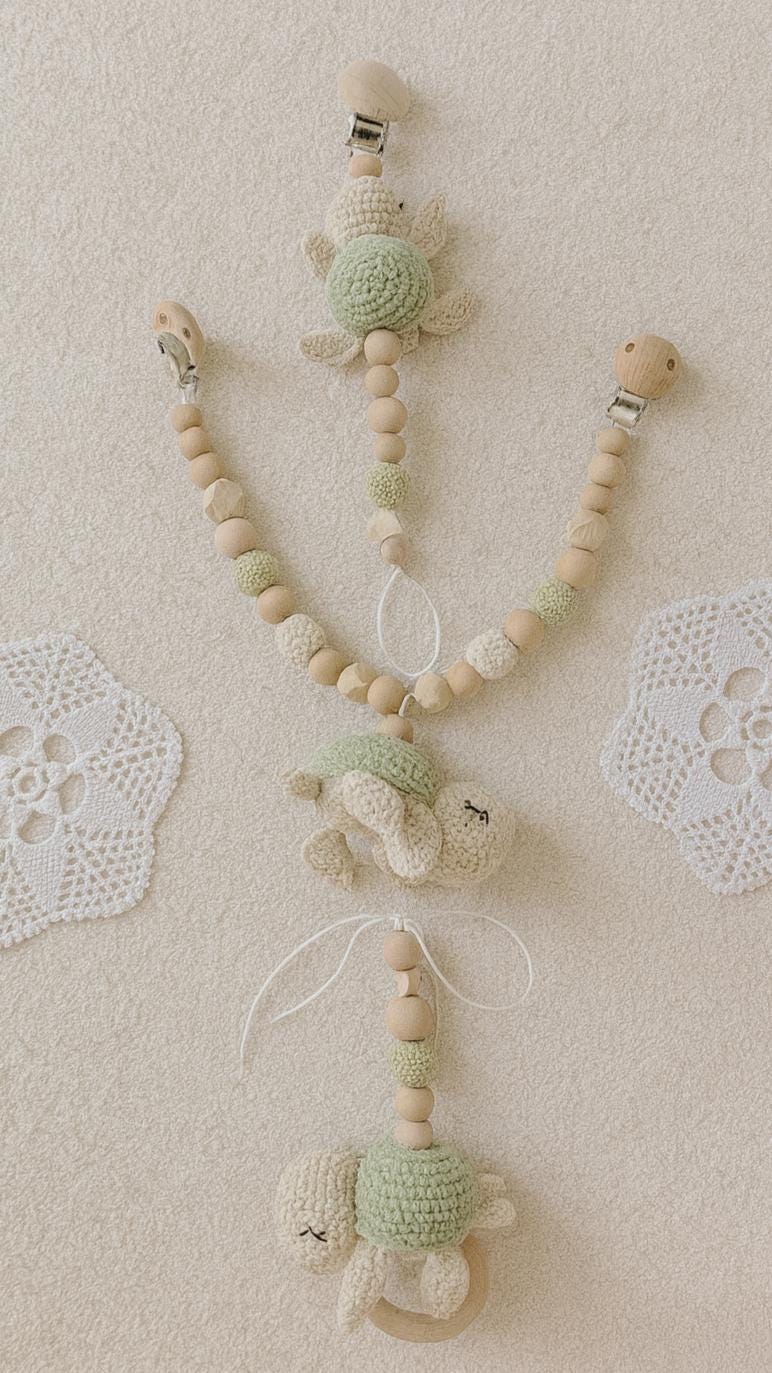 Crochet Turtle Baby Toy Set, Stroller Chain, Pacifier Chain