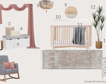 May include: A nursery room scene featuring a light wood crib with a gray blanket, a white dresser, a round mirror, and a woven chandelier. The room is decorated in soft pink and neutral tones.