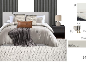 May include: A bedroom design featuring a gray bed with a white and gray patterned rug, two black nightstands with lamps, and gray curtains. The wall color is a light gray. The image also includes a gray planter with green plants, a bowl with two tassels, and a painting with a white background and brown and gray accents.
