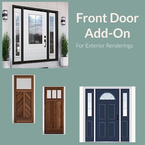 Pode incluir: Três estilos diferentes de portas da frente para renderizações exteriores. A primeira porta é branca com moldura preta e painéis de vidro. A segunda porta é de madeira escura com um painel de vidro e um design em chevron. A terceira porta é azul escura com moldura branca e uma janela semicircular acima da porta.