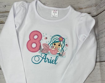 Personalizado niñas camisa de sirena - camisa de cumpleaños bordado - camisa de cumpleaños de la sirena - camisa de cumpleaños - regalo para la niña - camisa de la sirena