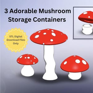 Może przedstawiać: Trzy czerwono-białe pojemniki do przechowywania w kształcie grzybów. Największy grzyb ma falisty trzon, a mniejsze grzyby mają proste trzony. Górna część największego grzyba jest otwarta, odsłaniając wnętrze pojemnika.