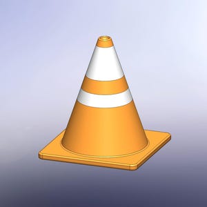 May include: An orange and white traffic cone with a square base. The cone has two white reflective bands and a white top. The cone is designed for road safety and construction zones.