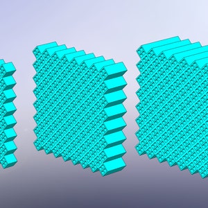 May include: Three turquoise blue 3D models of a grid pattern. The models are different sizes, with the largest model being the furthest to the right.