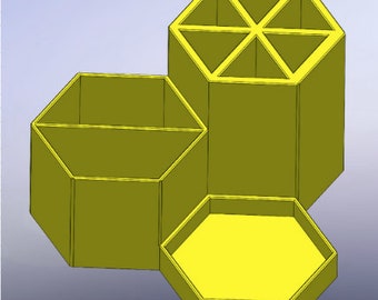 May include: A yellow hexagonal desk organizer with three compartments. The top compartment has six smaller compartments. STL File Only.