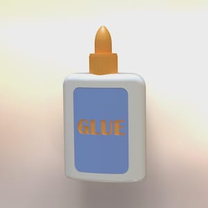 May include: A white glue bottle with a blue label and the word "GLUE" in orange letters. The bottle has an orange cap and nozzle. The background is a gradient of light yellow and peach.