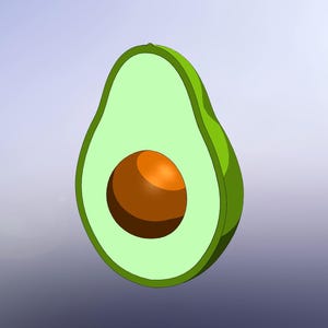 May include: A digitally rendered image of a halved avocado. The outer skin is a bright green, with a pale green flesh. The seed is a deep brown. The background fades from light blue to grey.