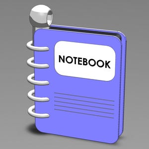 May include: A blue notebook with a white label that says "NOTEBOOK" and a silver ring binder.